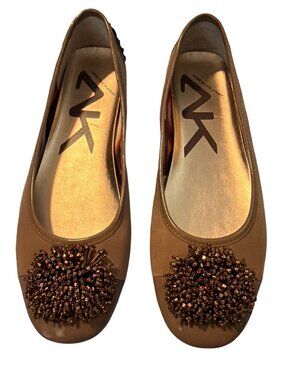 Anne Klein AK Sport Leather Tan Flats Driving Shoes Seed Bead Tassels Size 9